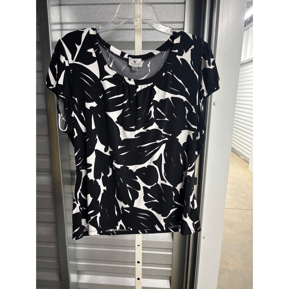 Worthington Woman Stretch Black White Tropical Leaf Print Scoop Neck Top 1X